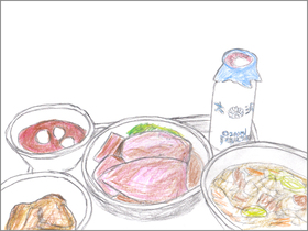 忍川中学校三学期最終日のメニュー。イカメシ、ザンギ、豚汁、お汁粉、牛乳。